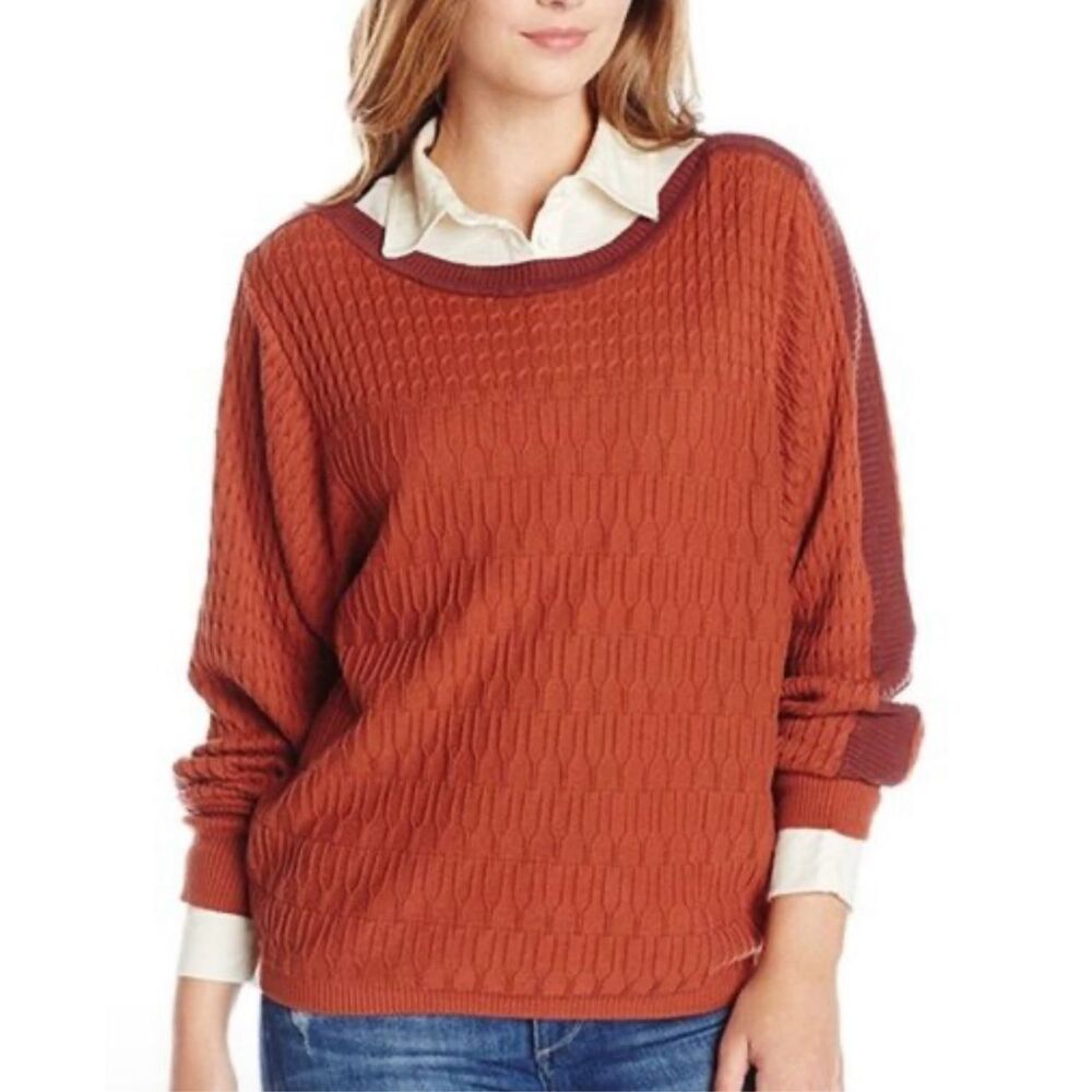 Prana WOMENS Medium Rust Organic Cotton Crew Neck Cable Knit Sweater Sustainable